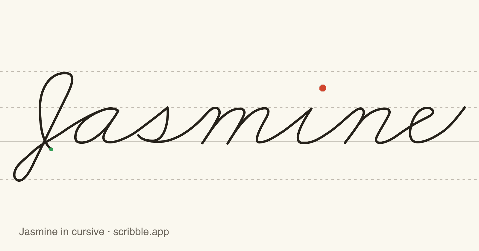 Jasmine written in cursive on handwriting guidelines, with a green starting dot and a red stop sign