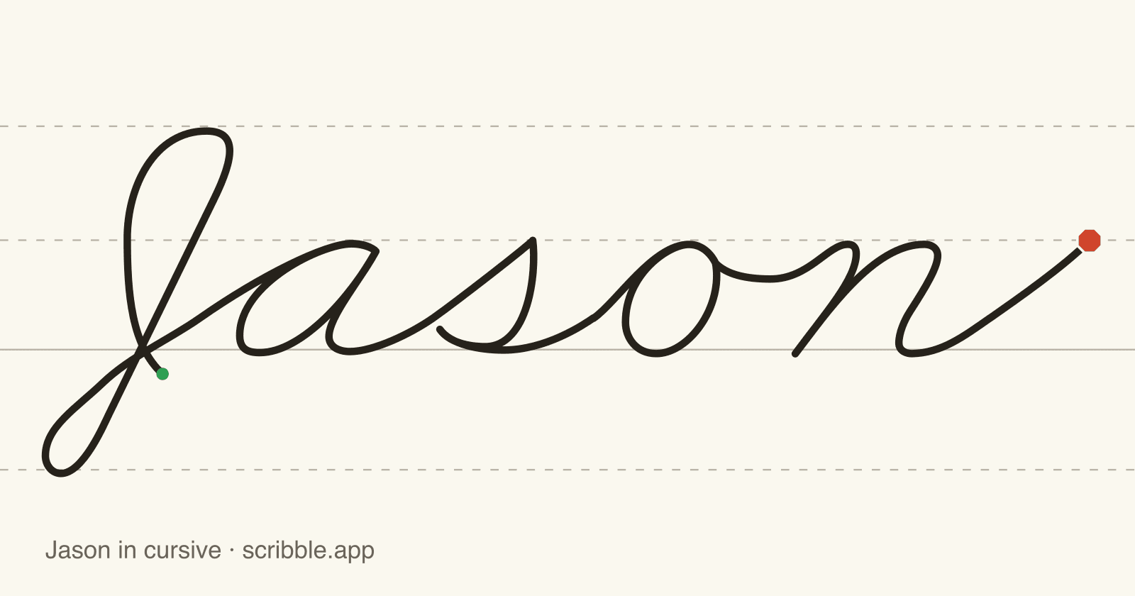 Jason written in cursive on handwriting guidelines, with a green starting dot and a red stop sign