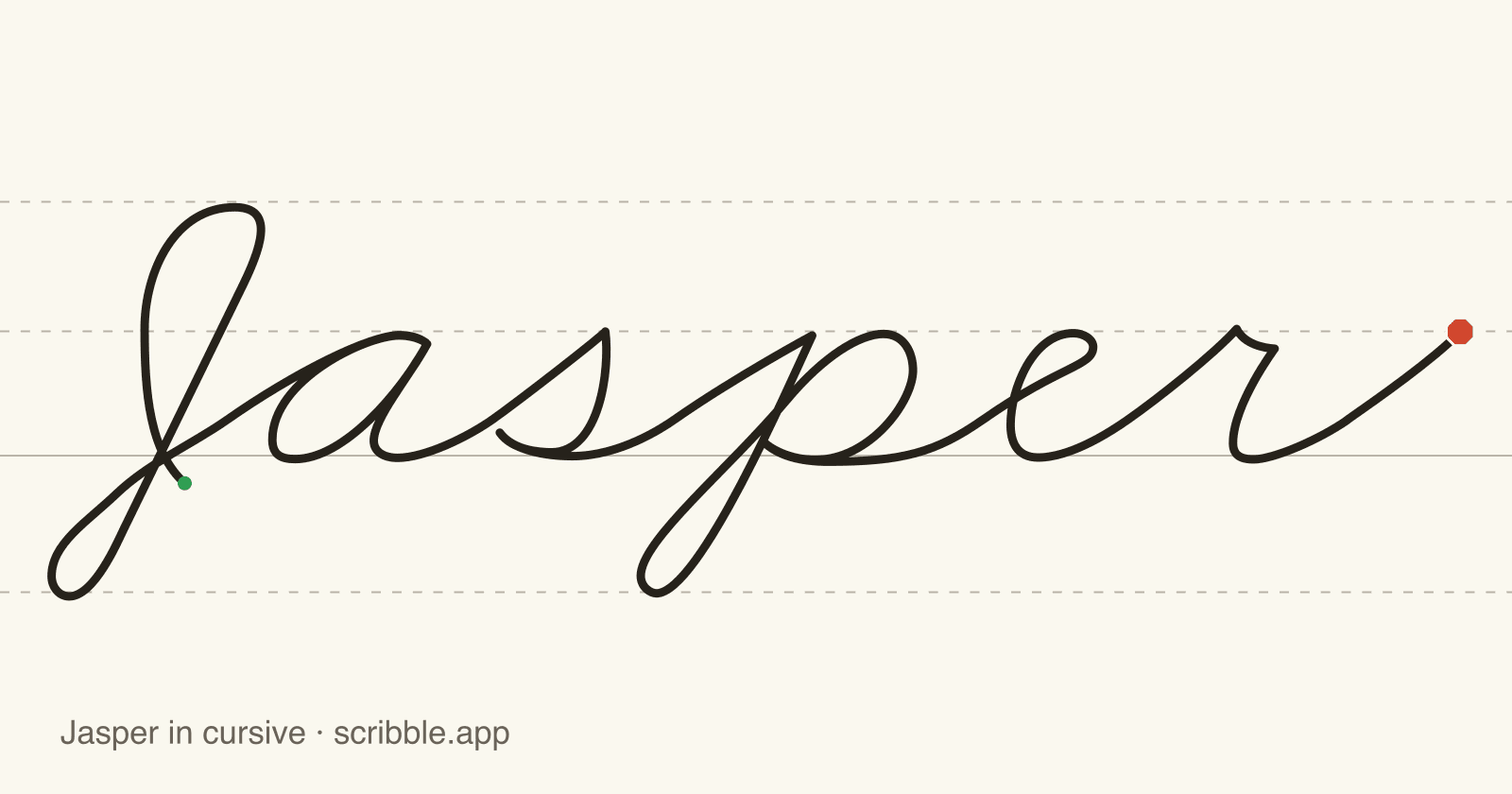 Jasper written in cursive on handwriting guidelines, with a green starting dot and a red stop sign