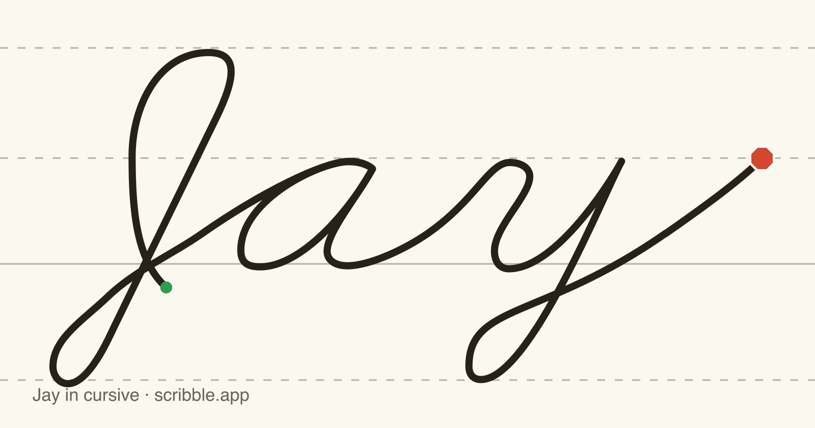 Jay written in cursive on handwriting guidelines, with a green starting dot and a red stop sign