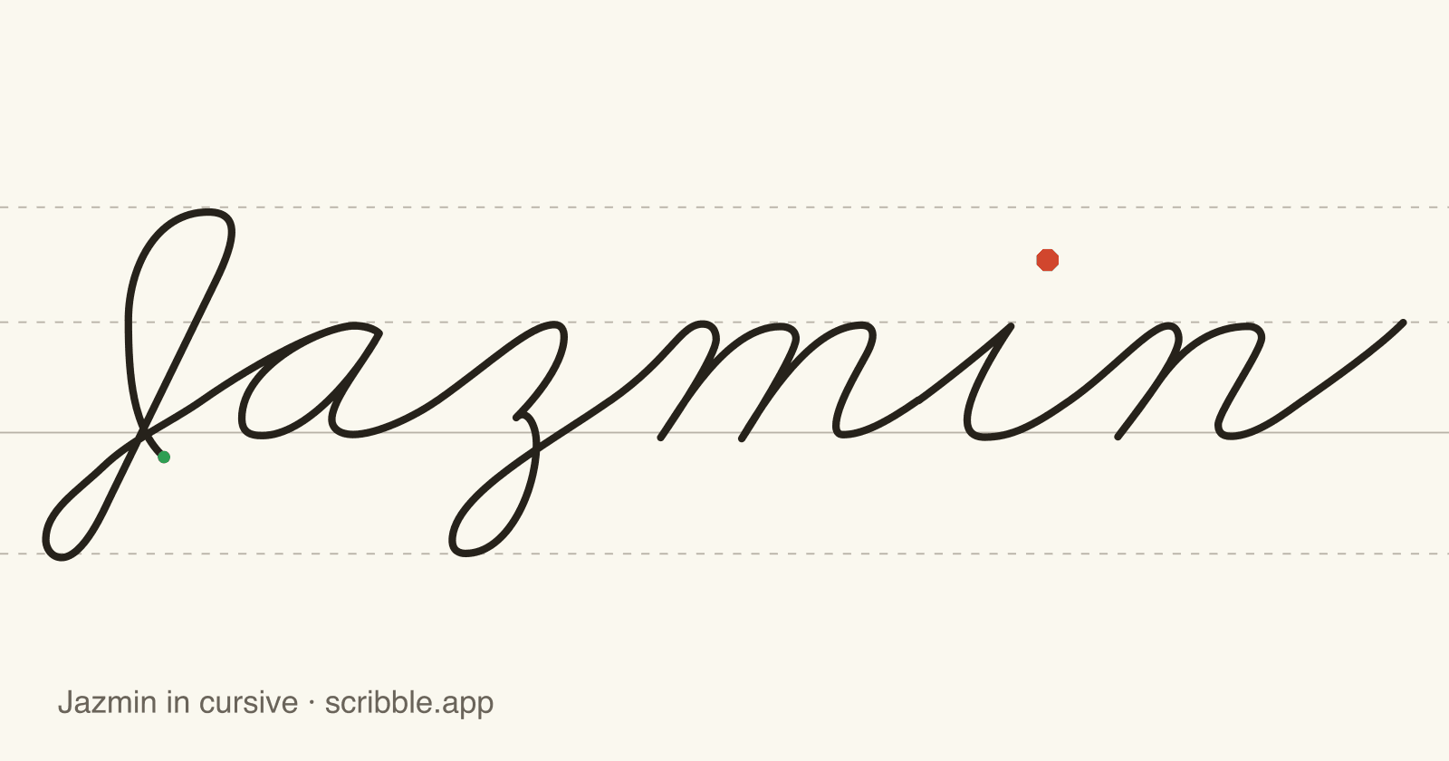 Jazmin written in cursive on handwriting guidelines, with a green starting dot and a red stop sign