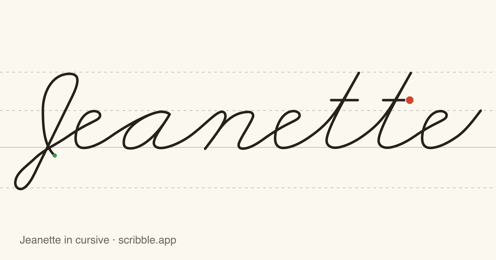 Jeanette written in cursive on handwriting guidelines, with a green starting dot and a red stop sign