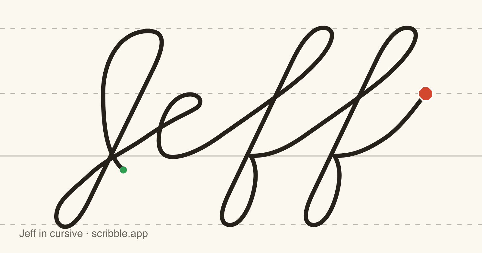 Jeff written in cursive on handwriting guidelines, with a green starting dot and a red stop sign