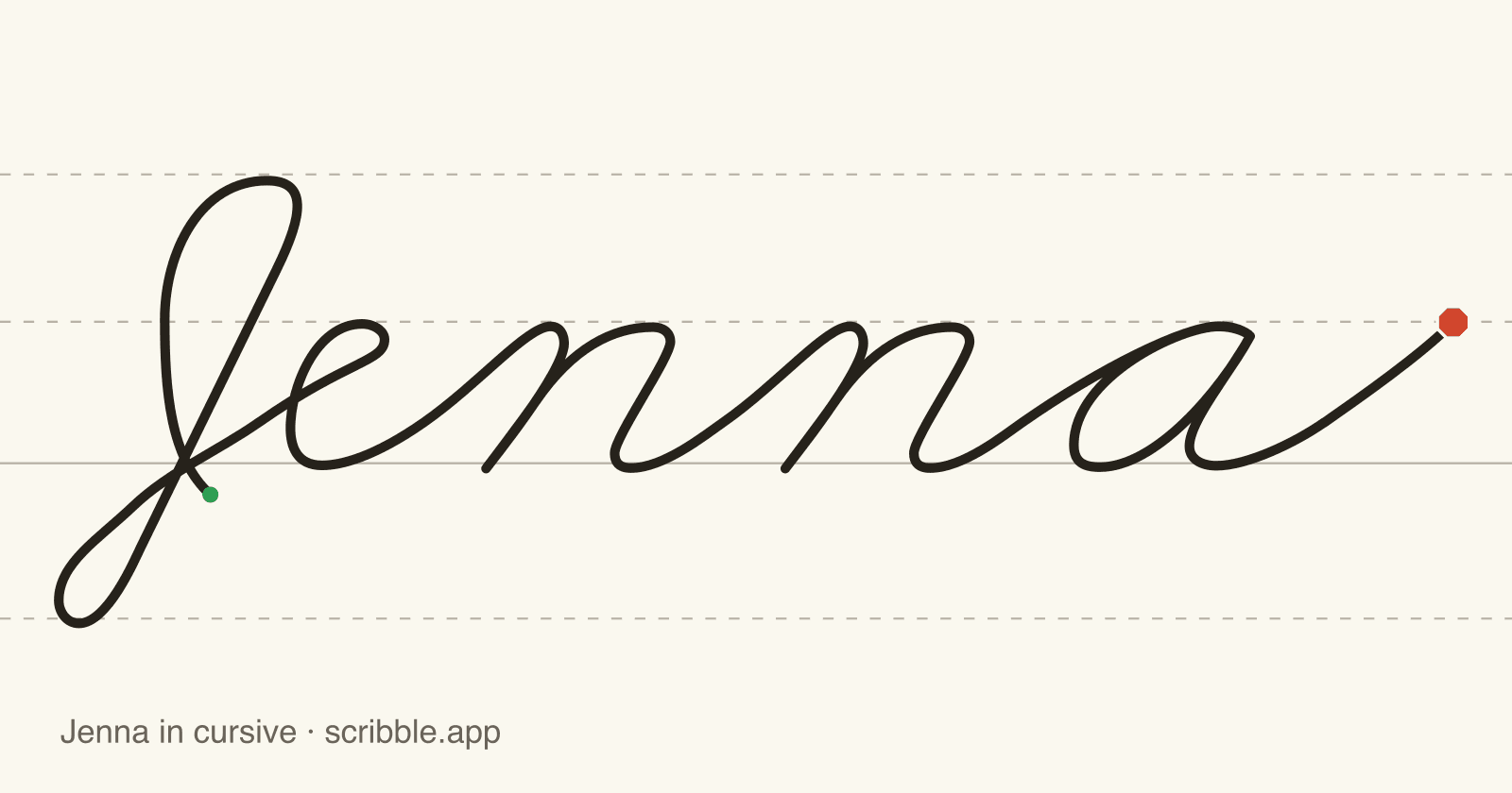 Jenna written in cursive on handwriting guidelines, with a green starting dot and a red stop sign