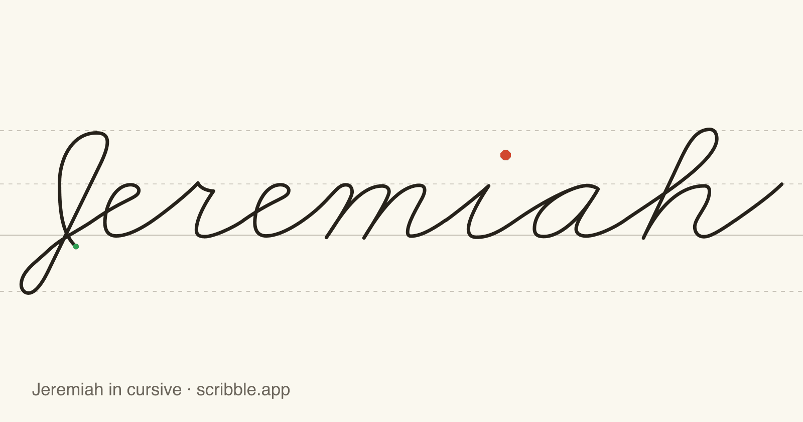 Jeremiah written in cursive on handwriting guidelines, with a green starting dot and a red stop sign