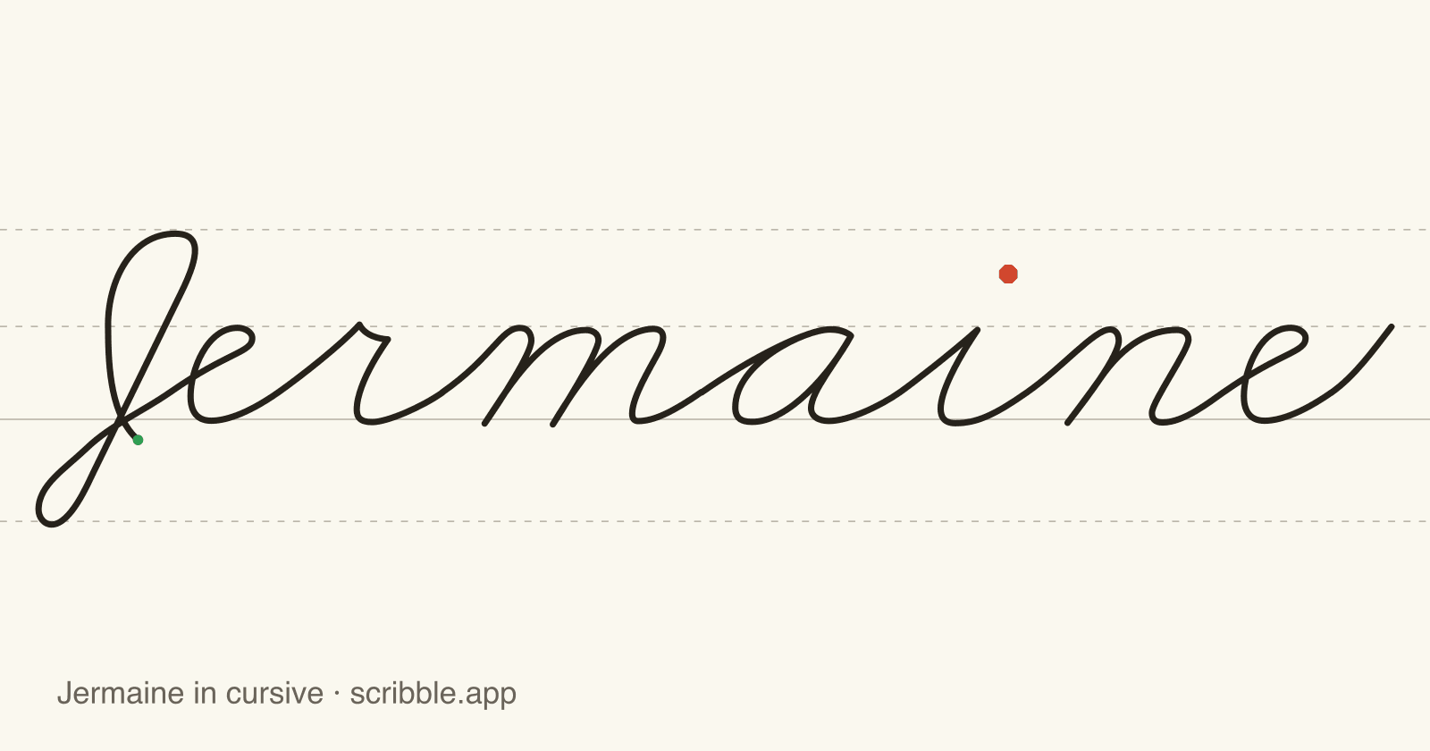 Jermaine written in cursive on handwriting guidelines, with a green starting dot and a red stop sign