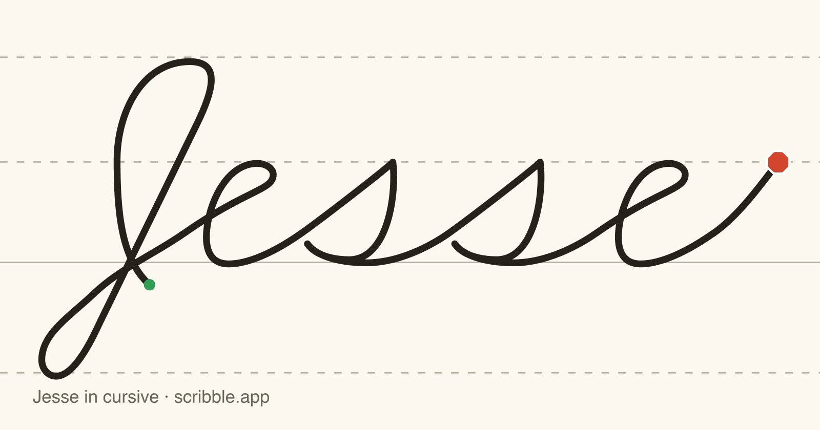Jesse written in cursive on handwriting guidelines, with a green starting dot and a red stop sign