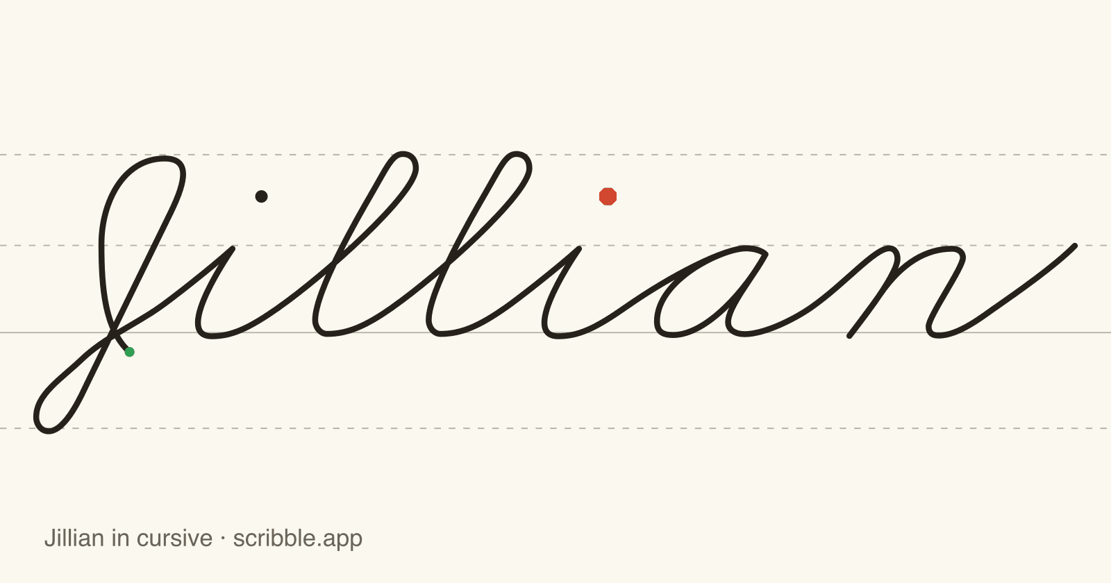 Jillian written in cursive on handwriting guidelines, with a green starting dot and a red stop sign