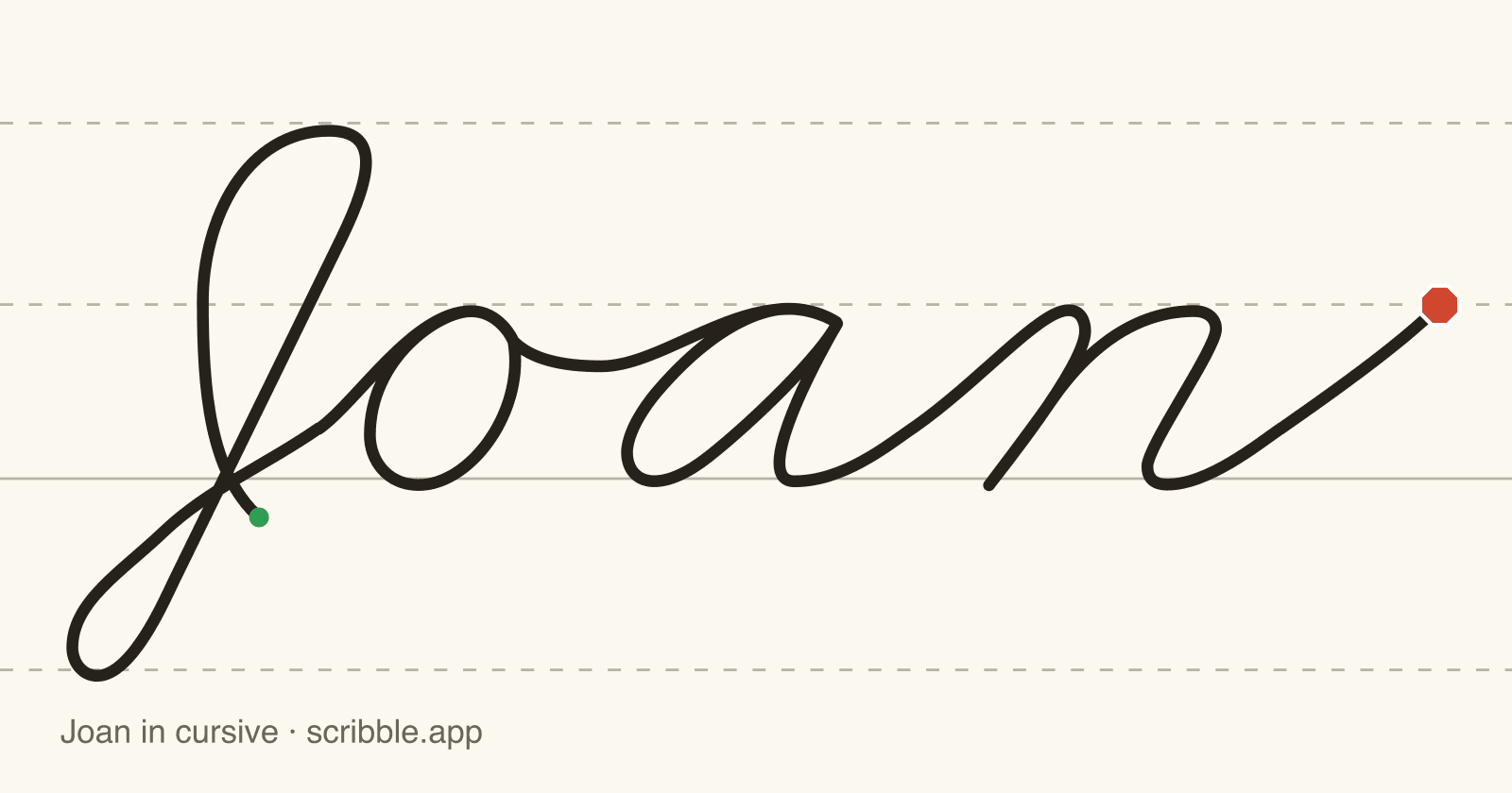 Joan written in cursive on handwriting guidelines, with a green starting dot and a red stop sign
