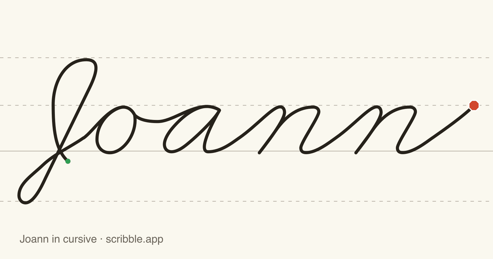 Joann written in cursive on handwriting guidelines, with a green starting dot and a red stop sign