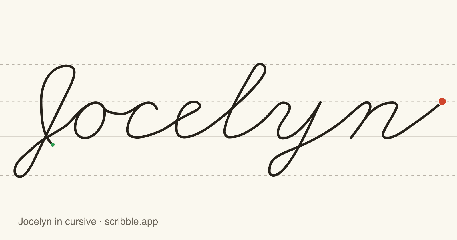Jocelyn written in cursive on handwriting guidelines, with a green starting dot and a red stop sign