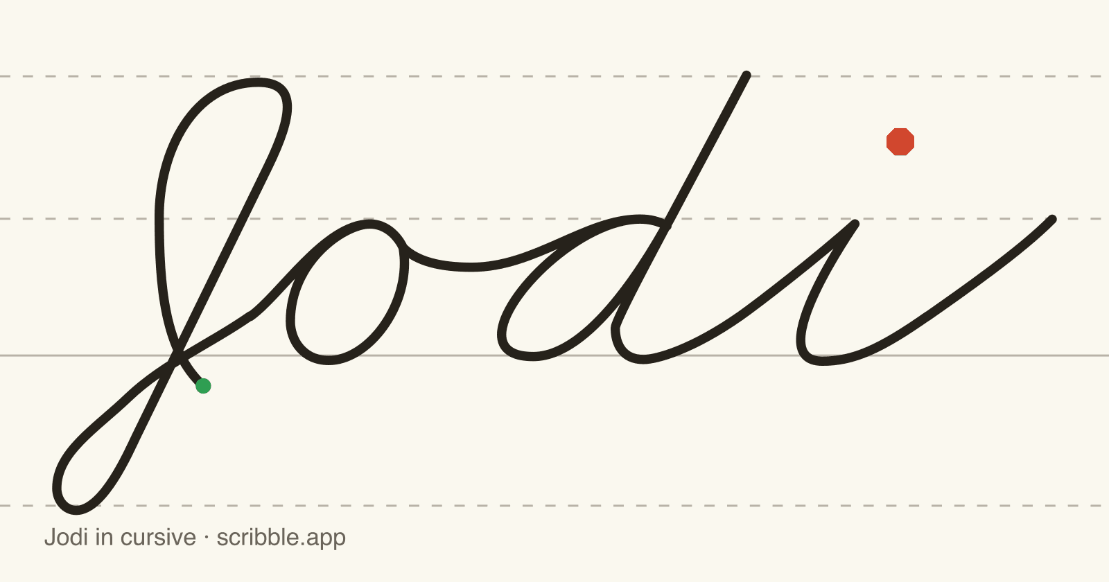 Jodi written in cursive on handwriting guidelines, with a green starting dot and a red stop sign