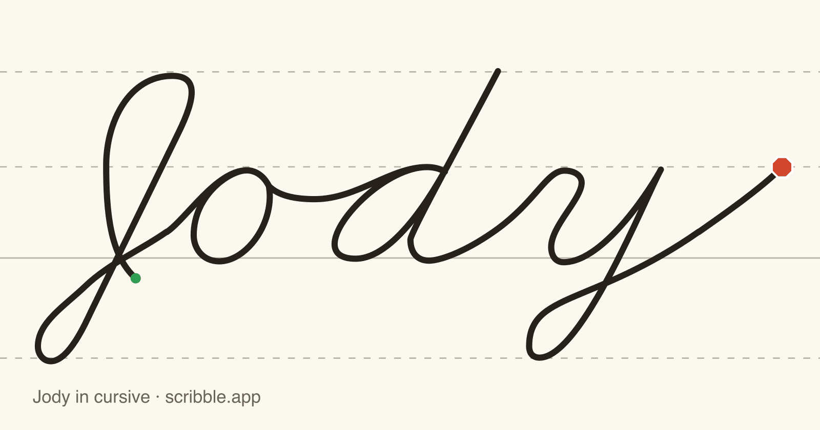 Jody written in cursive on handwriting guidelines, with a green starting dot and a red stop sign