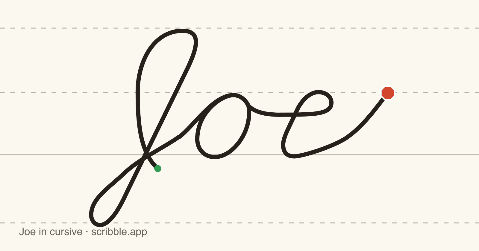 Joe written in cursive on handwriting guidelines, with a green starting dot and a red stop sign