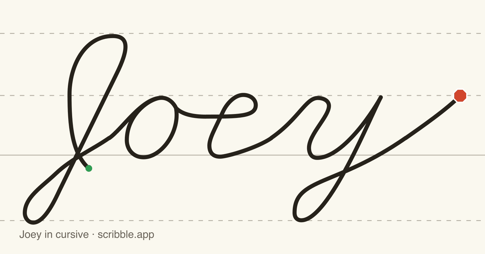 Joey written in cursive on handwriting guidelines, with a green starting dot and a red stop sign