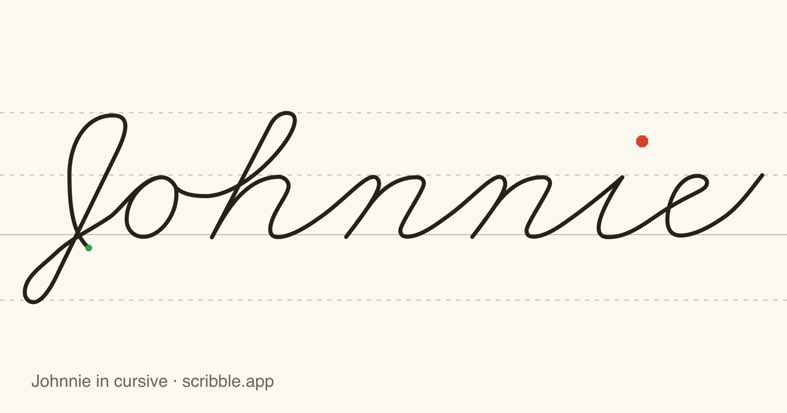 Johnnie written in cursive on handwriting guidelines, with a green starting dot and a red stop sign