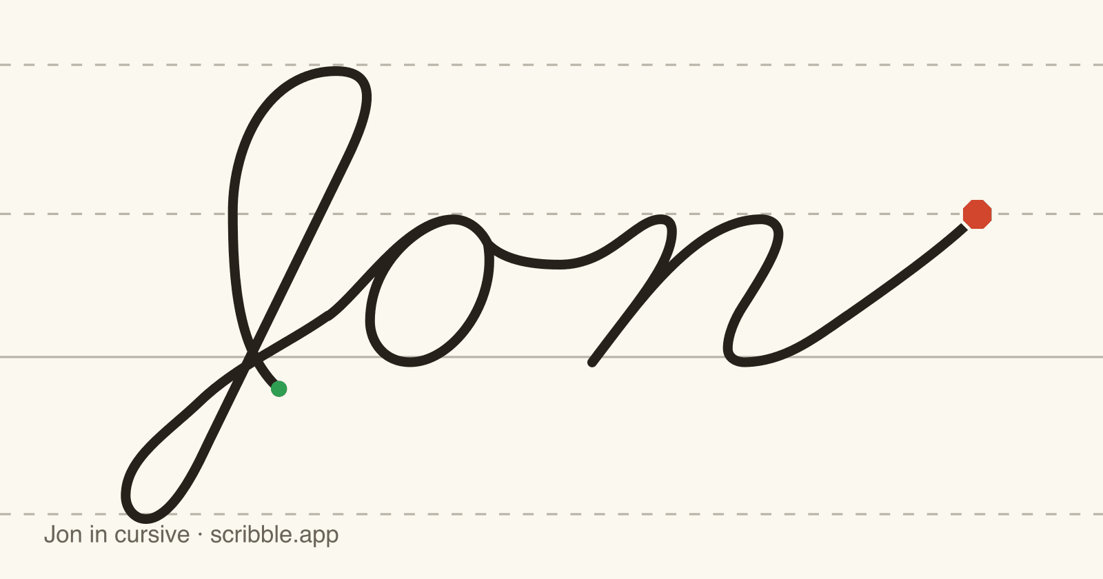 Jon written in cursive on handwriting guidelines, with a green starting dot and a red stop sign