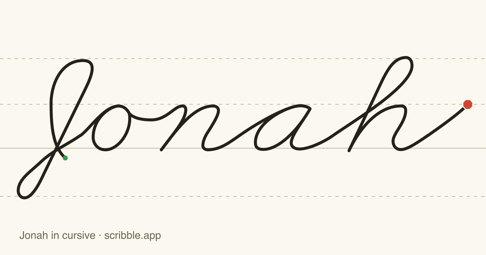Jonah written in cursive on handwriting guidelines, with a green starting dot and a red stop sign