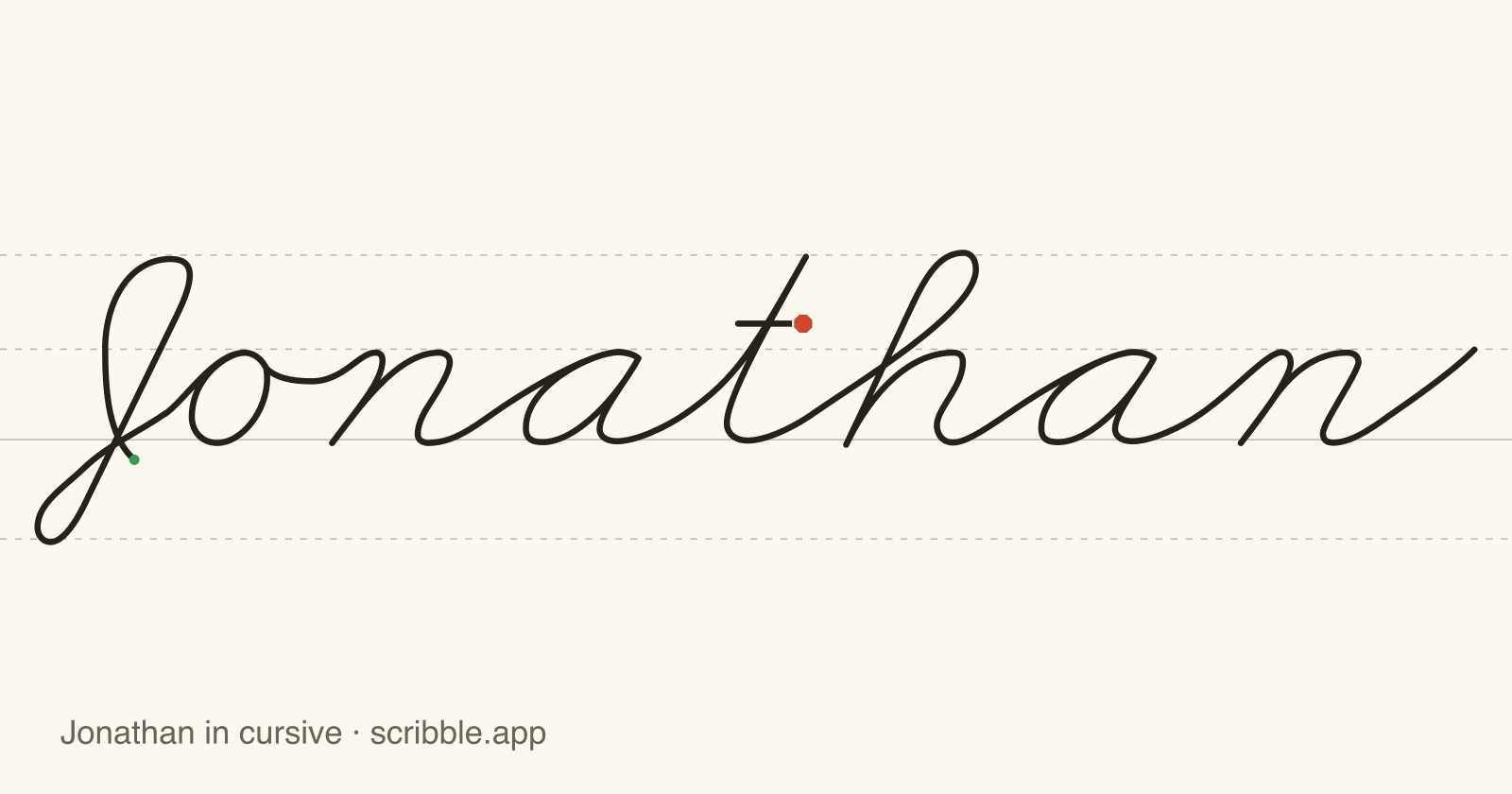 Jonathan written in cursive on handwriting guidelines, with a green starting dot and a red stop sign