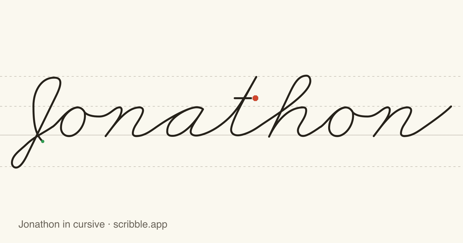 Jonathon written in cursive on handwriting guidelines, with a green starting dot and a red stop sign