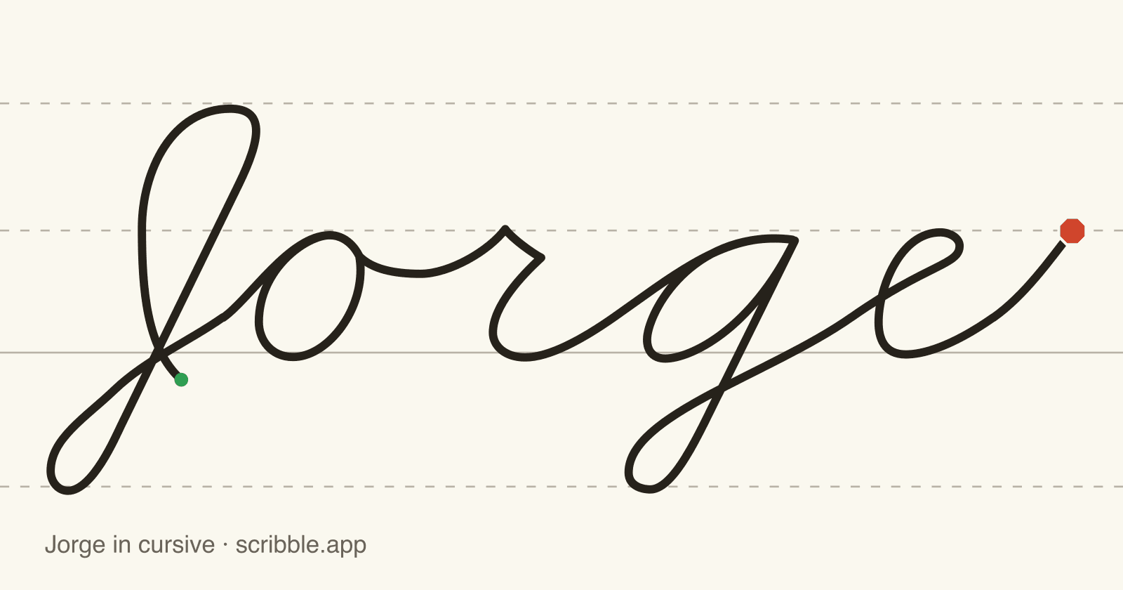 Jorge written in cursive on handwriting guidelines, with a green starting dot and a red stop sign