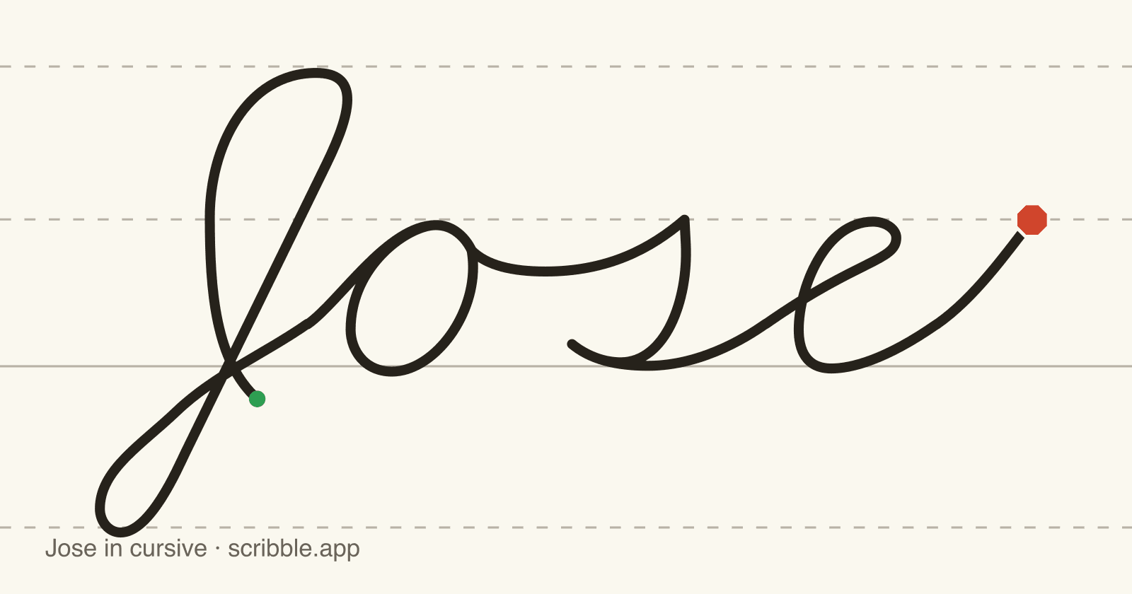 Jose written in cursive on handwriting guidelines, with a green starting dot and a red stop sign