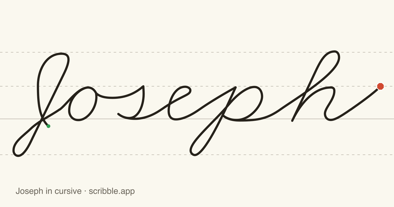 Joseph written in cursive on handwriting guidelines, with a green starting dot and a red stop sign
