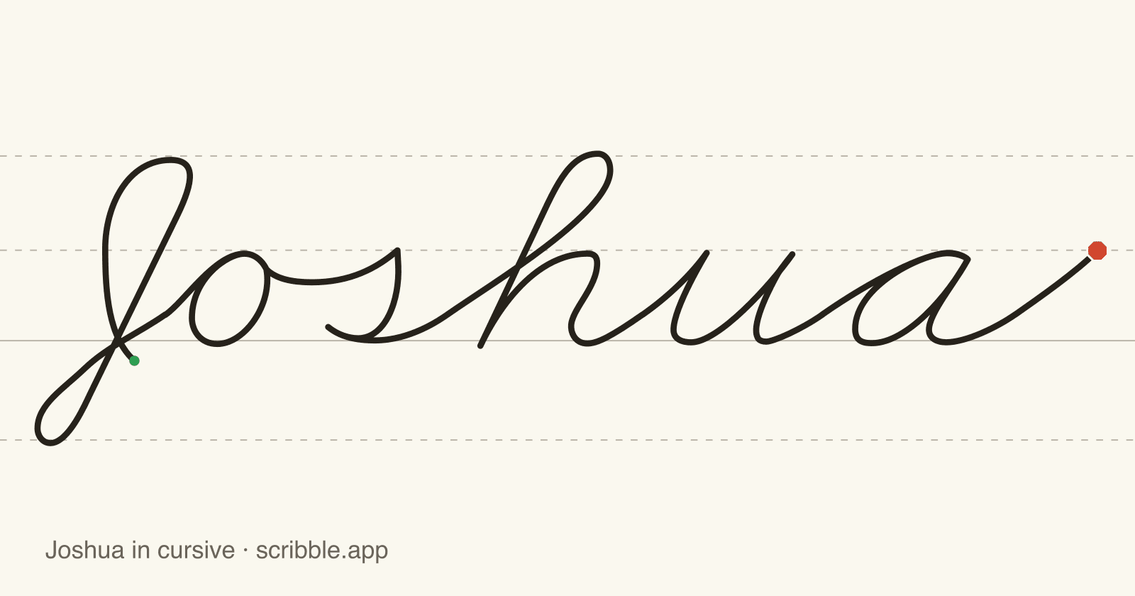 Joshua written in cursive on handwriting guidelines, with a green starting dot and a red stop sign