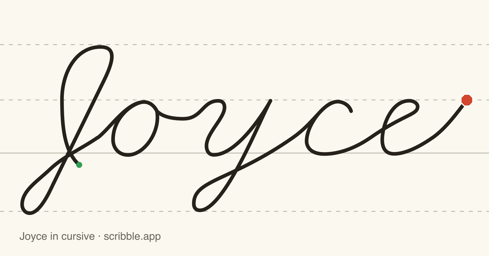 Joyce written in cursive on handwriting guidelines, with a green starting dot and a red stop sign