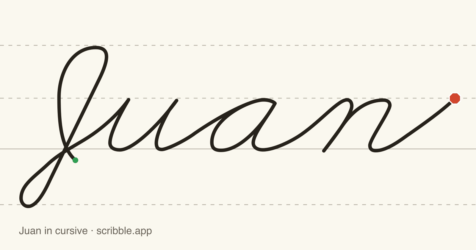 Juan written in cursive on handwriting guidelines, with a green starting dot and a red stop sign
