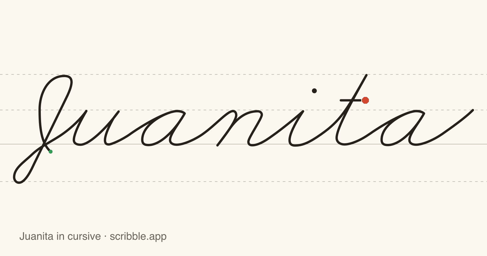 Juanita written in cursive on handwriting guidelines, with a green starting dot and a red stop sign