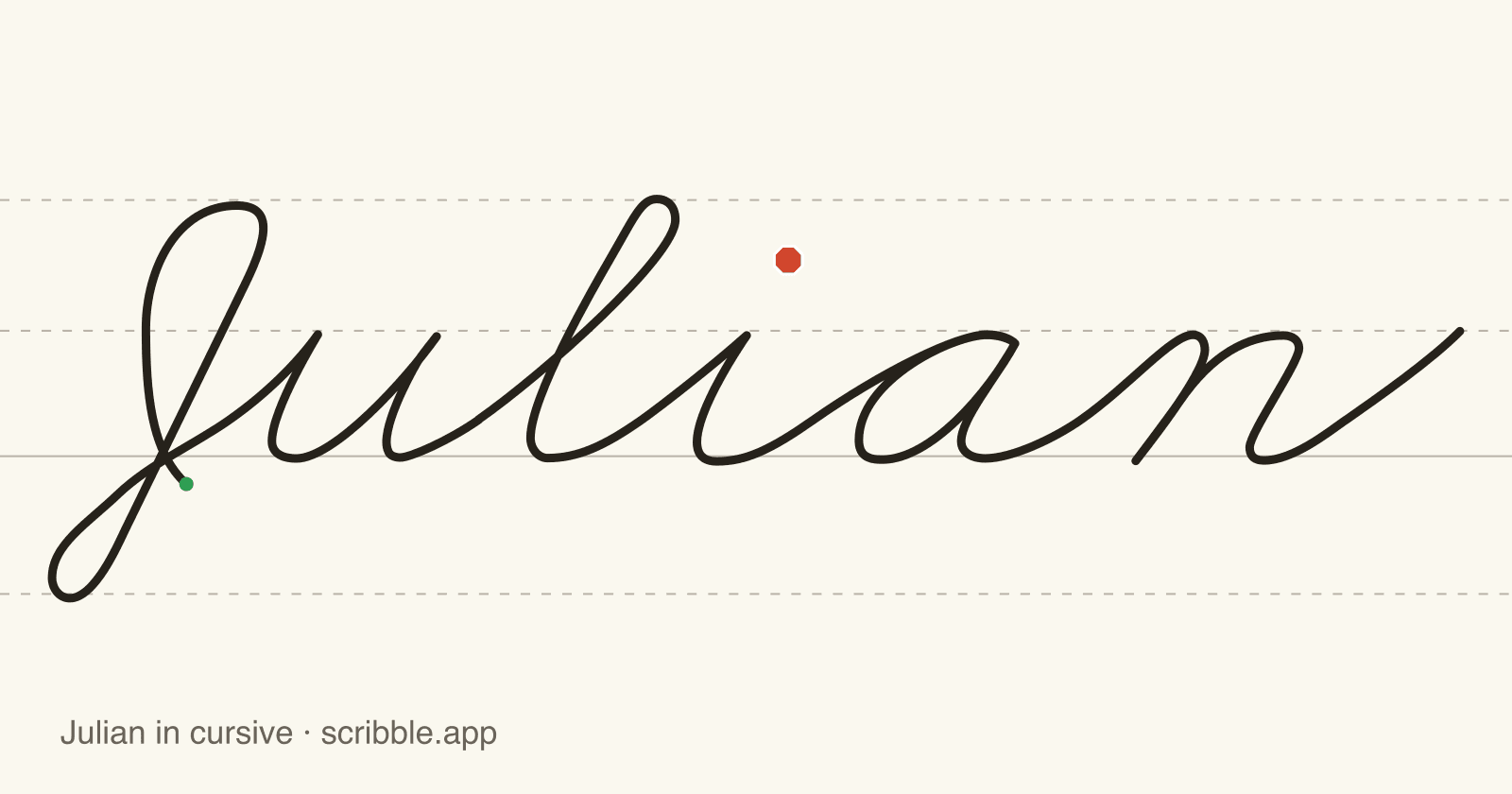 Julian written in cursive on handwriting guidelines, with a green starting dot and a red stop sign