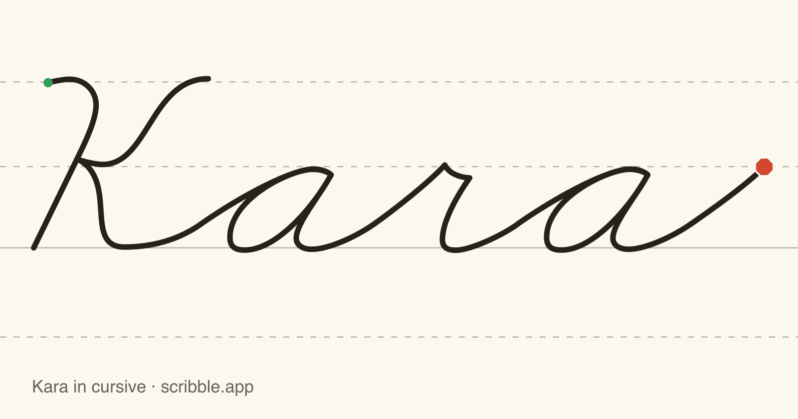 Kara written in cursive on handwriting guidelines, with a green starting dot and a red stop sign