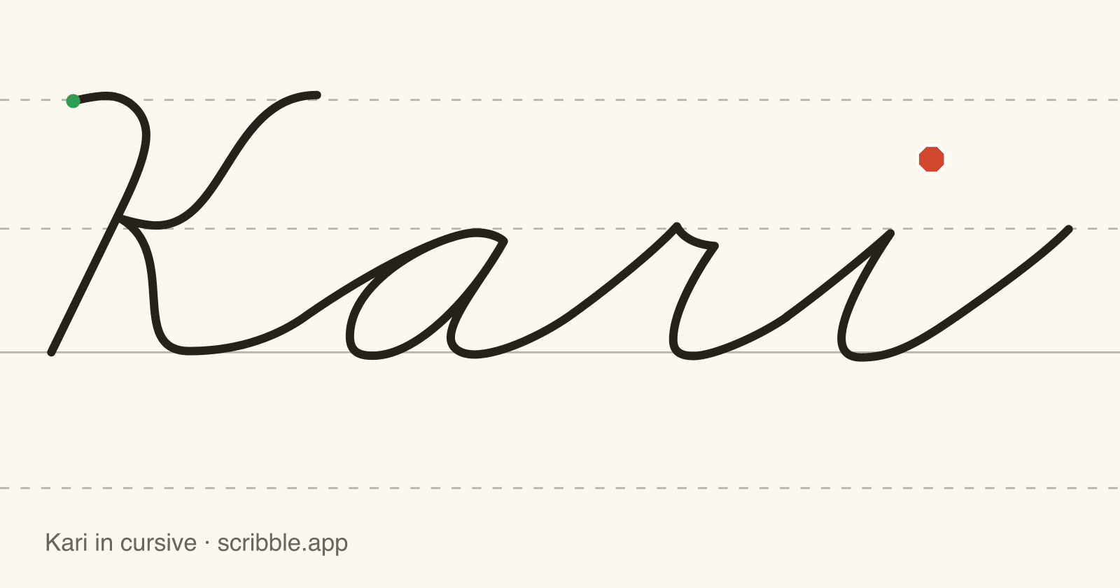 Kari written in cursive on handwriting guidelines, with a green starting dot and a red stop sign