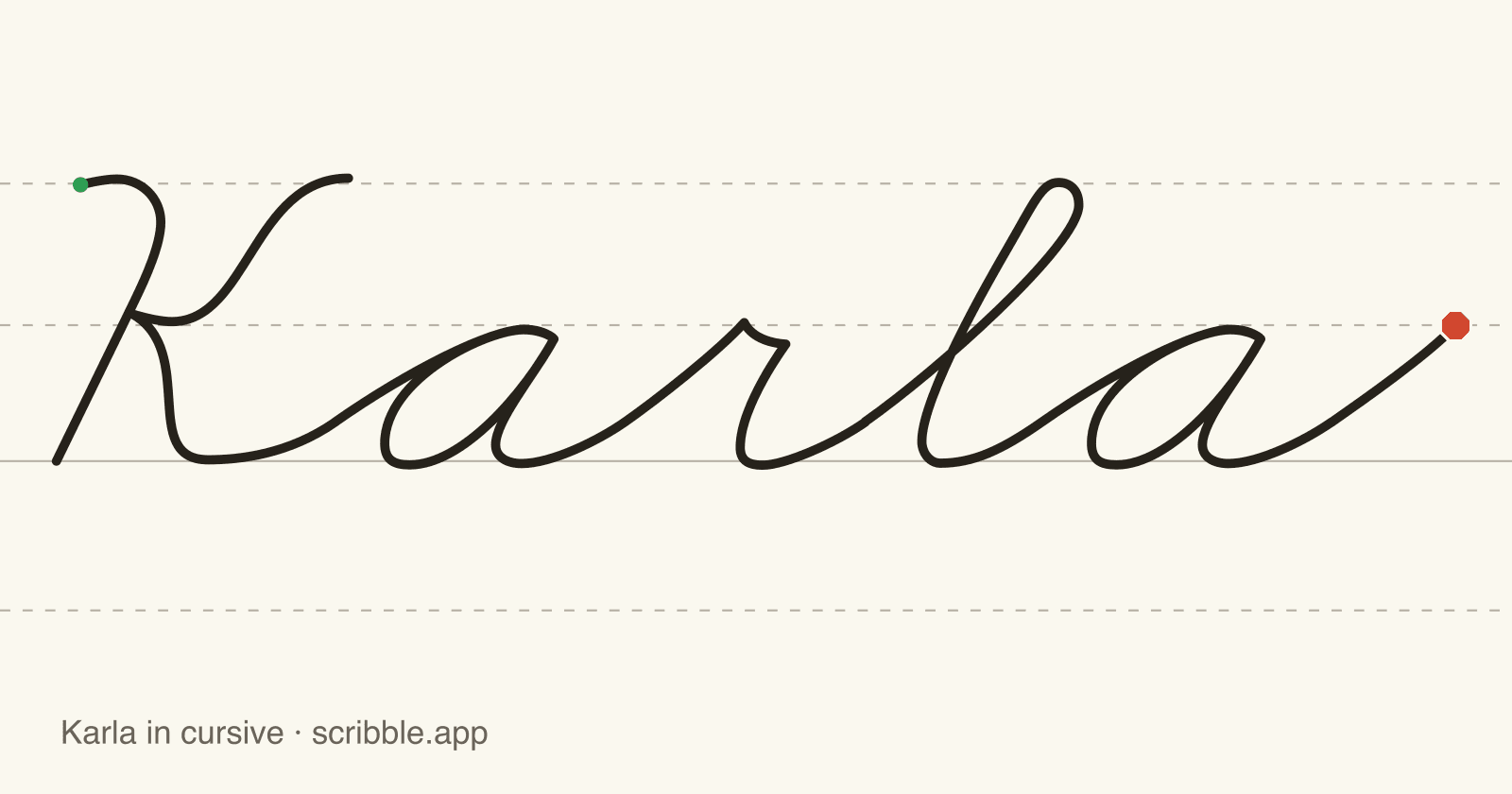 Karla written in cursive on handwriting guidelines, with a green starting dot and a red stop sign