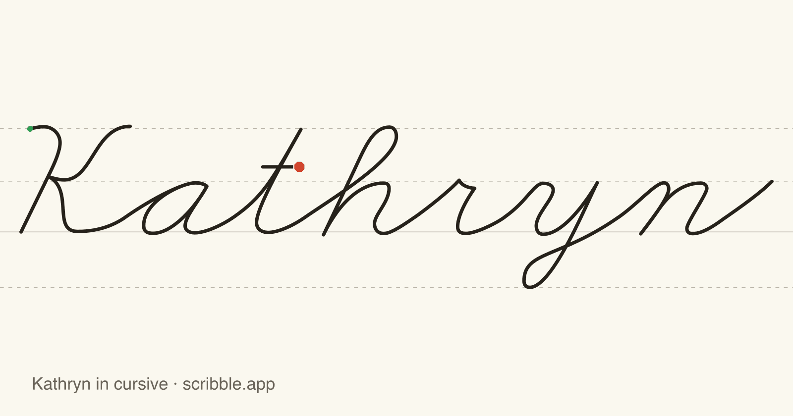 Kathryn written in cursive on handwriting guidelines, with a green starting dot and a red stop sign