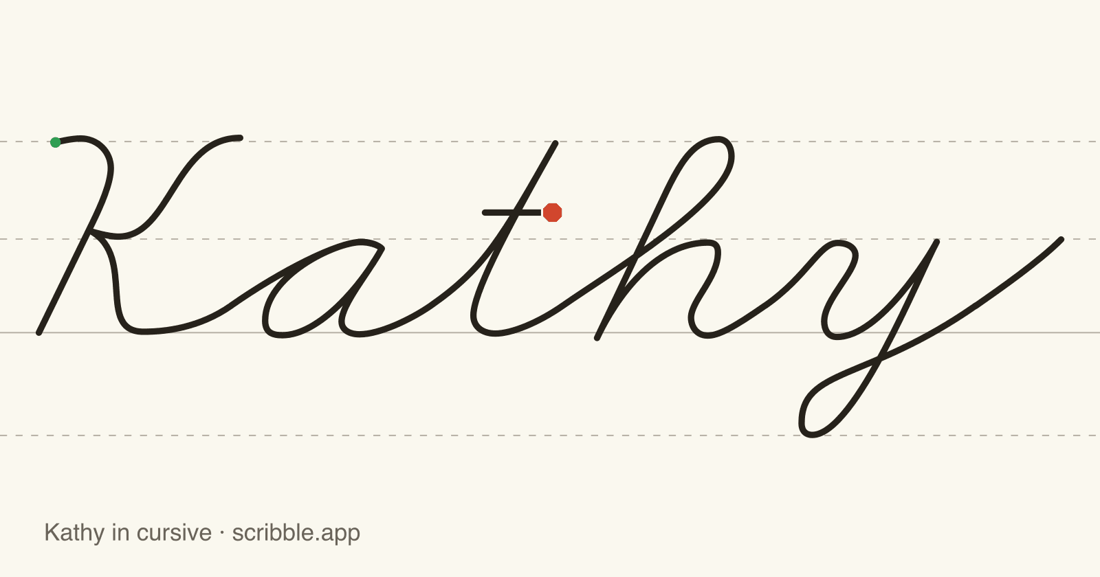Kathy written in cursive on handwriting guidelines, with a green starting dot and a red stop sign