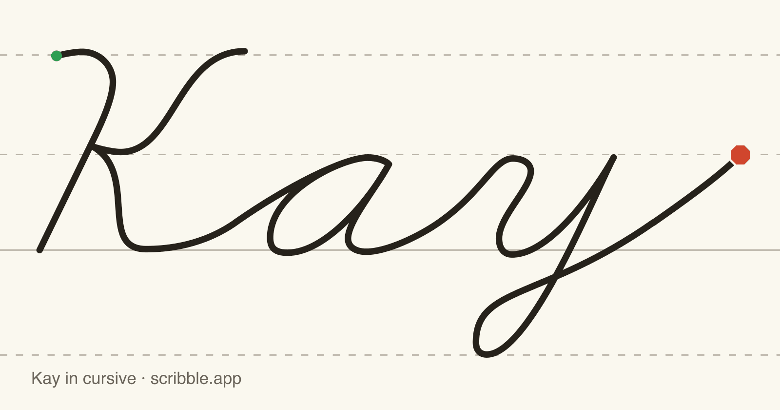Kay written in cursive on handwriting guidelines, with a green starting dot and a red stop sign