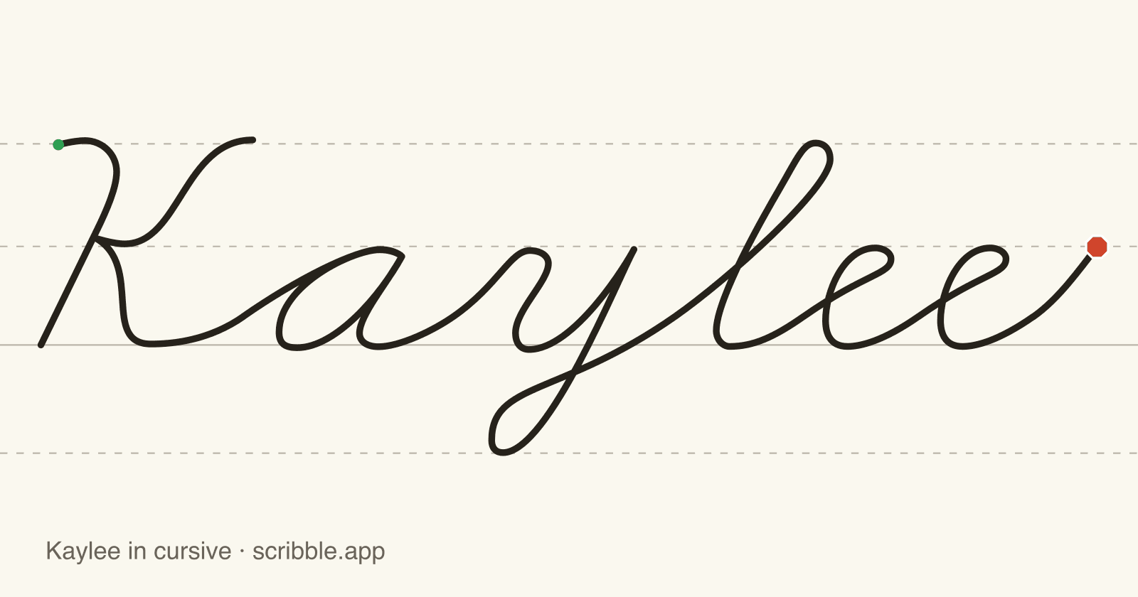 Kaylee written in cursive on handwriting guidelines, with a green starting dot and a red stop sign