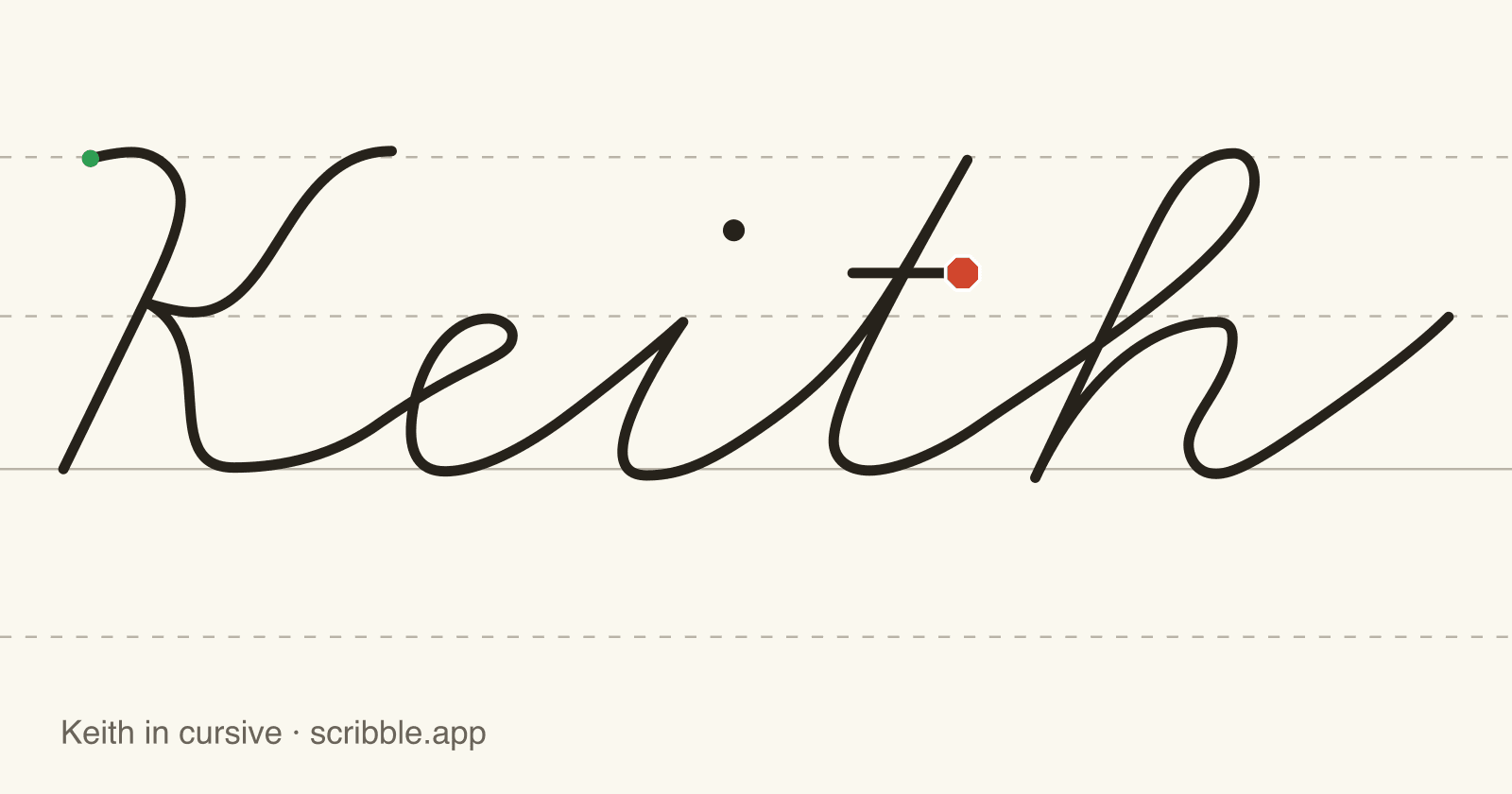 Keith written in cursive on handwriting guidelines, with a green starting dot and a red stop sign