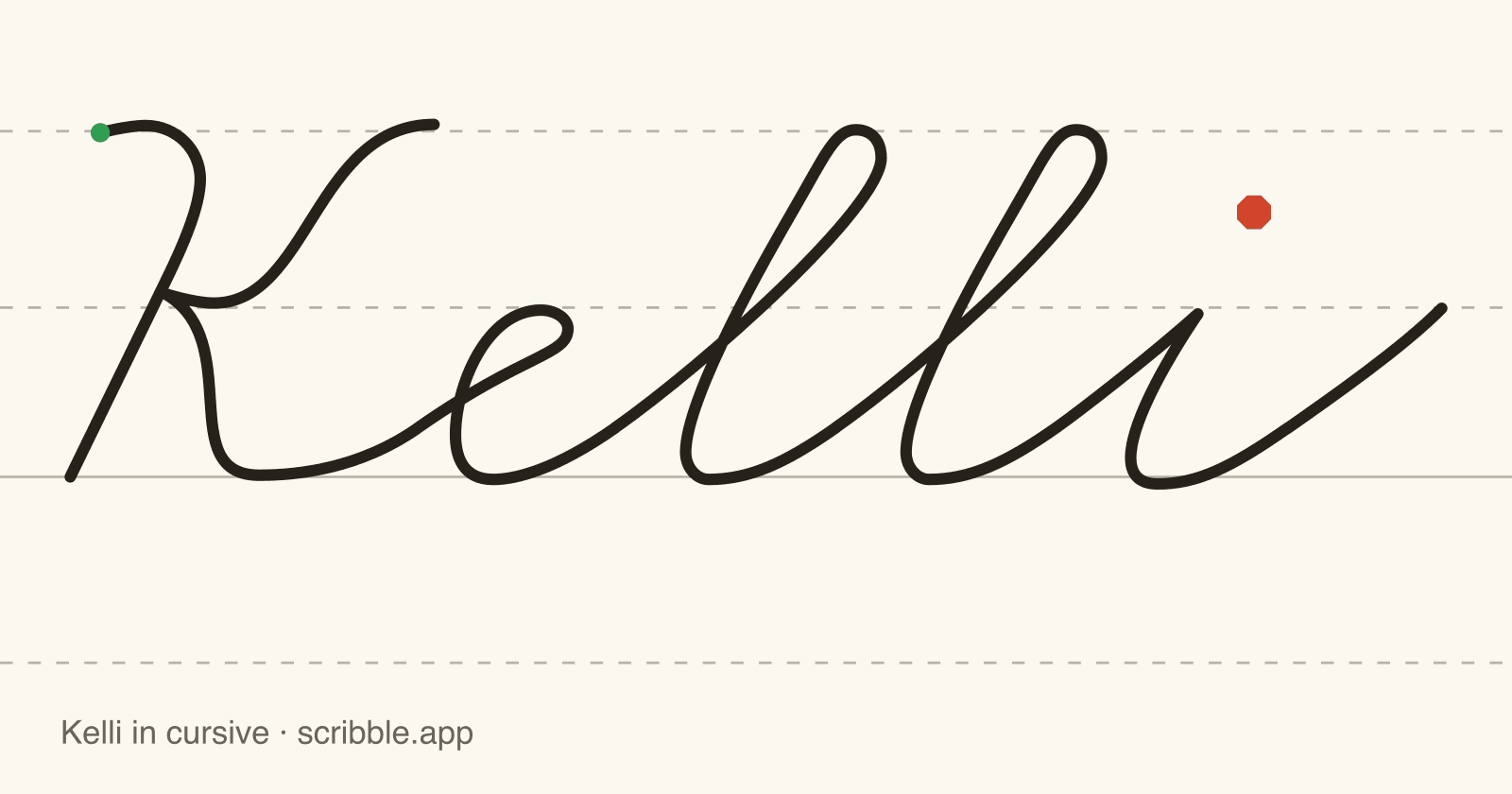 Kelli written in cursive on handwriting guidelines, with a green starting dot and a red stop sign