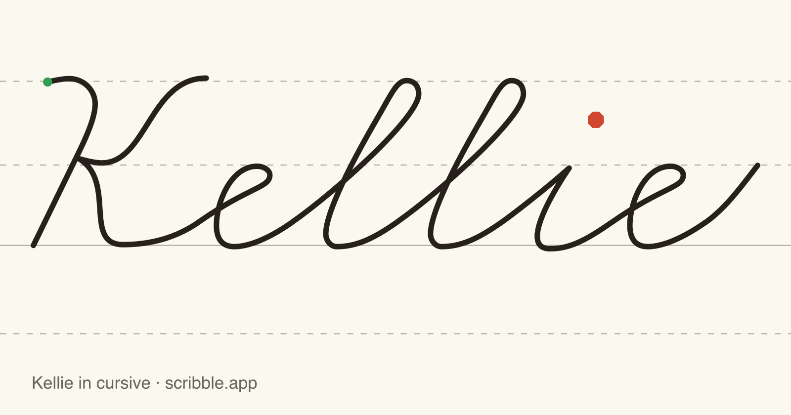 Kellie written in cursive on handwriting guidelines, with a green starting dot and a red stop sign