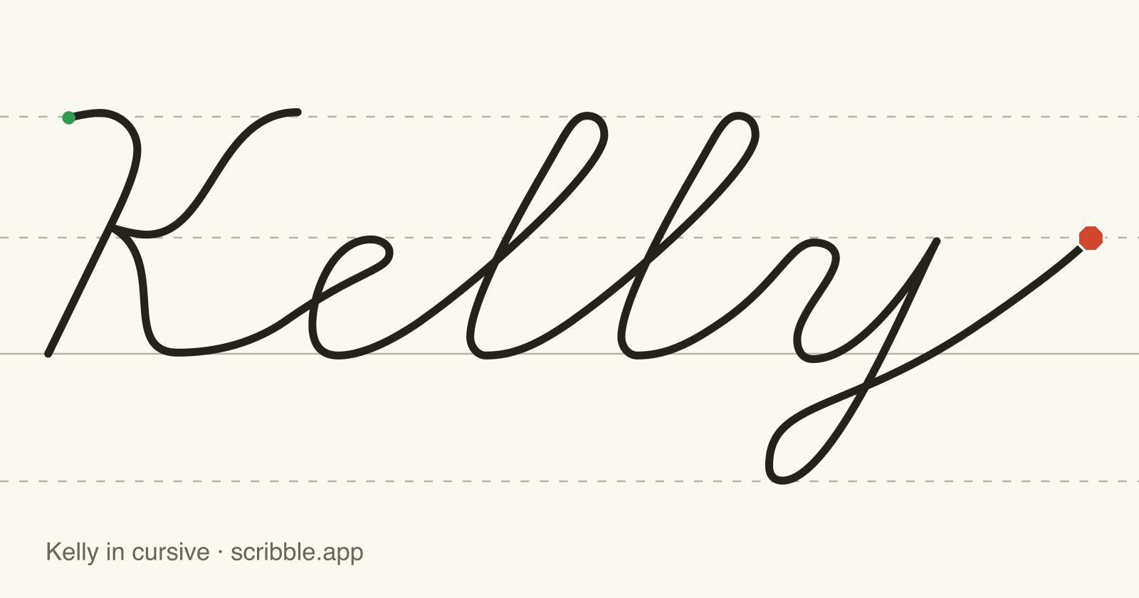 Kelly written in cursive on handwriting guidelines, with a green starting dot and a red stop sign