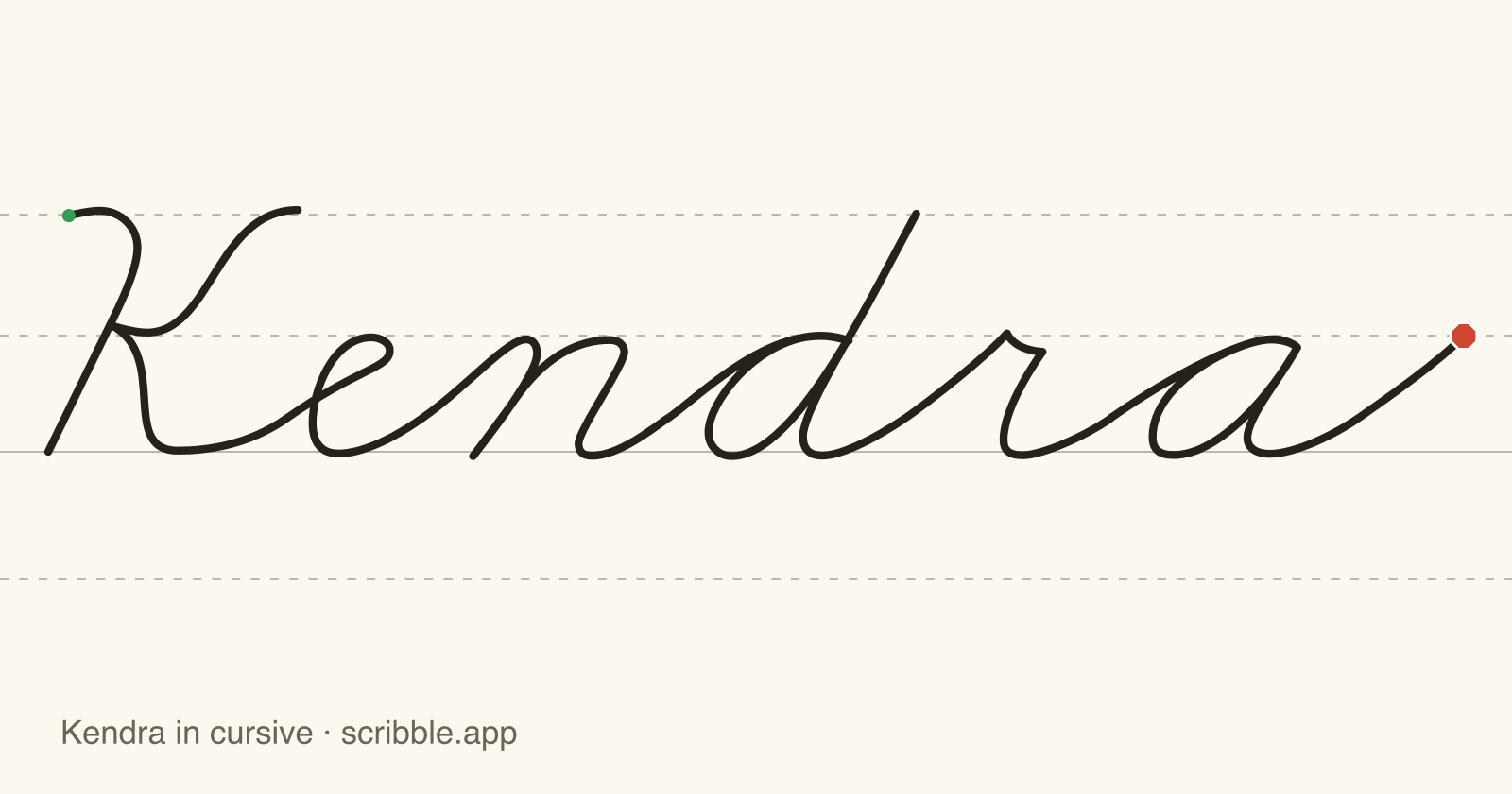 Kendra written in cursive on handwriting guidelines, with a green starting dot and a red stop sign