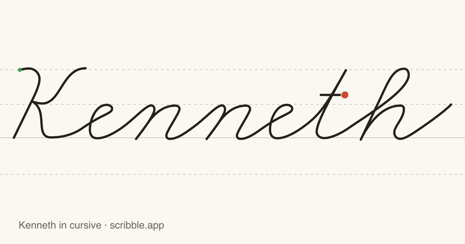 Kenneth written in cursive on handwriting guidelines, with a green starting dot and a red stop sign
