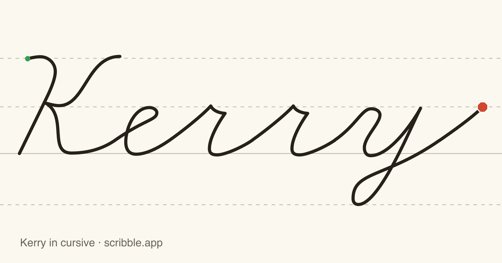 Kerry written in cursive on handwriting guidelines, with a green starting dot and a red stop sign