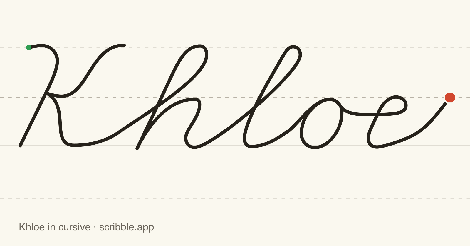 Khloe written in cursive on handwriting guidelines, with a green starting dot and a red stop sign