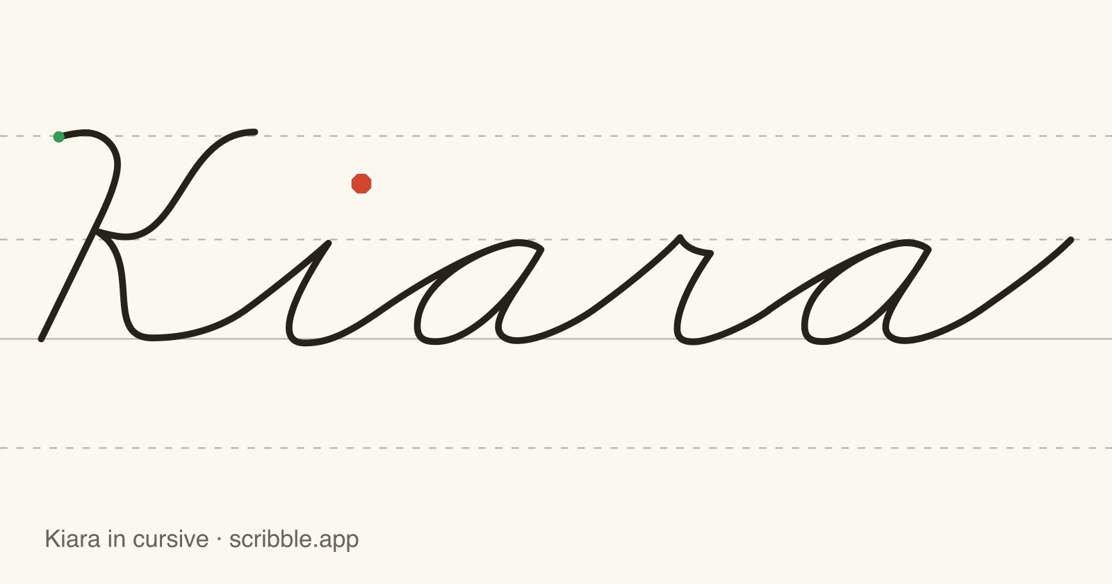 Kiara written in cursive on handwriting guidelines, with a green starting dot and a red stop sign