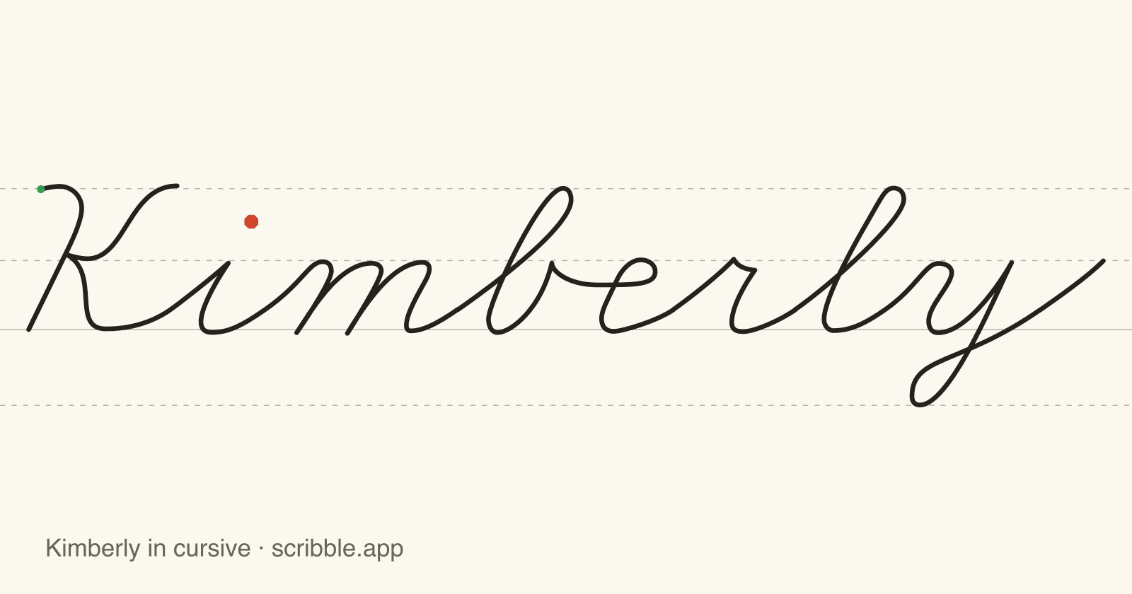Kimberly written in cursive on handwriting guidelines, with a green starting dot and a red stop sign
