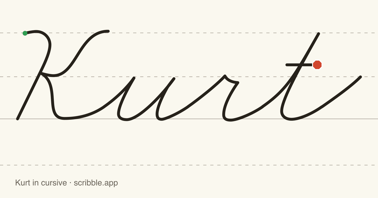 Kurt written in cursive on handwriting guidelines, with a green starting dot and a red stop sign